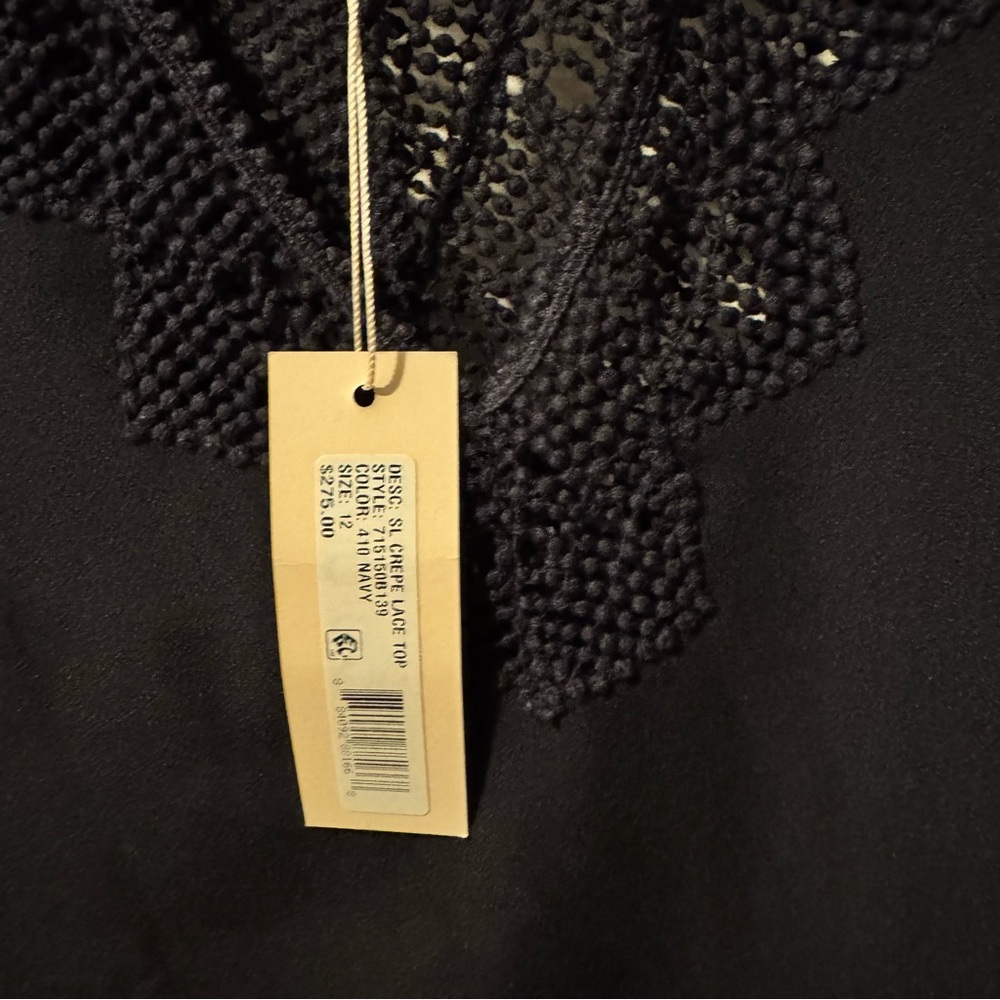 NWT Rebecca Taylor Crepe Lace V-Neck Top Navy Blue - Picture 2 of 4